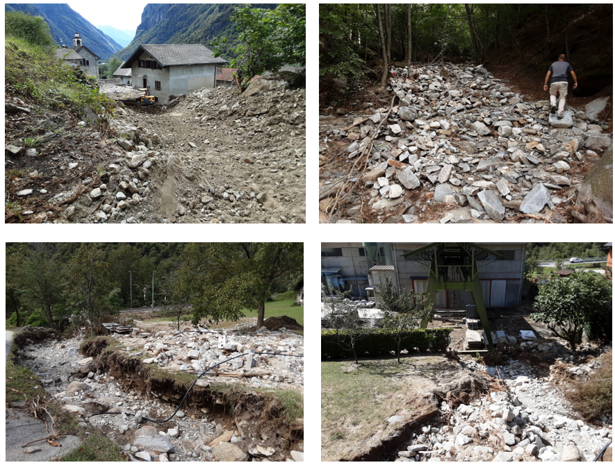 Le immagini in alto evidenziano le caratteristiche del materiale detritico trasportato dal rio della Madonna a monte della confluenza con il rio delle Canali. Le immagini in basso mostrano l’azione combinata di erosione e deposizione esercitata dal rio delle Canali a monte del sottopassaggio ferroviario (immagine di sinistra) e dei capannoni per la lavorazione di materiale lapideo (immagine di destra)