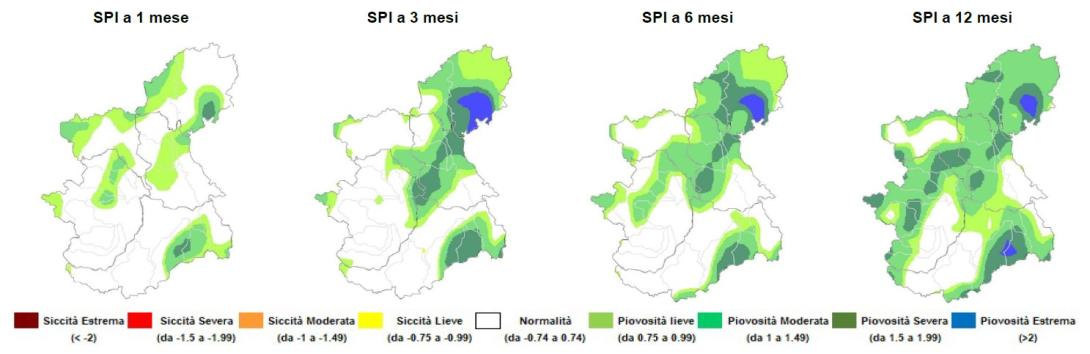 Indice di anomalia delle precipitazioni SPI a 1 mese, 3, 6 e 12 mesi sulla regione Piemonte