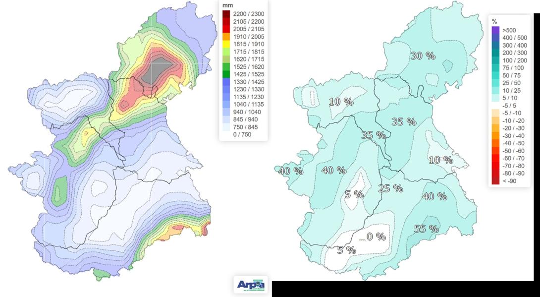 A sinistra precipitazione cumulata durante l’anno idrologico 2025 e a destra la corrispondente anomalia di precipitazione rispetto al periodo di riferimento 1991-2020