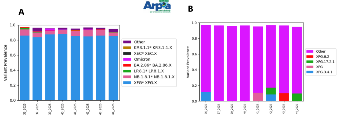 Sottovarianti di Omicron e loro abbondanza relativa per il depuratore di Castiglione Torinese a settembre ed ottobre 2025. A) Grafico a barre dei sotto-lignaggi raggruppati per macro-lignaggio. B) Grafico a barre delle specifiche sottovarianti
