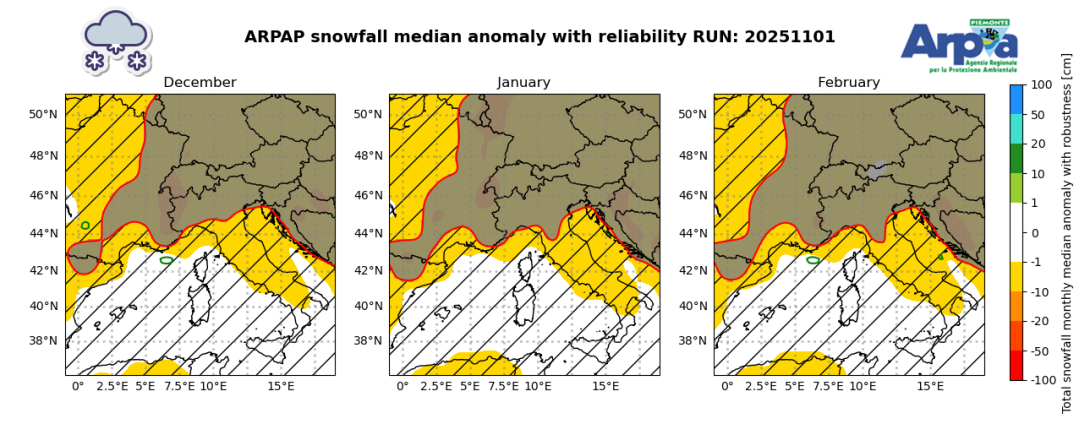 Figura 4 – Mappe di anomalia delle nevicate cumulate mensili, previste per i prossimi mesi (mappe ARPA Piemonte)