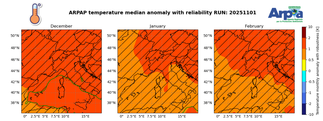 Figura 2. Mappe di anomalia di temperatura media mensile a 2 metri, prevista per i prossimi mesi (mappe ARPA Piemonte). 