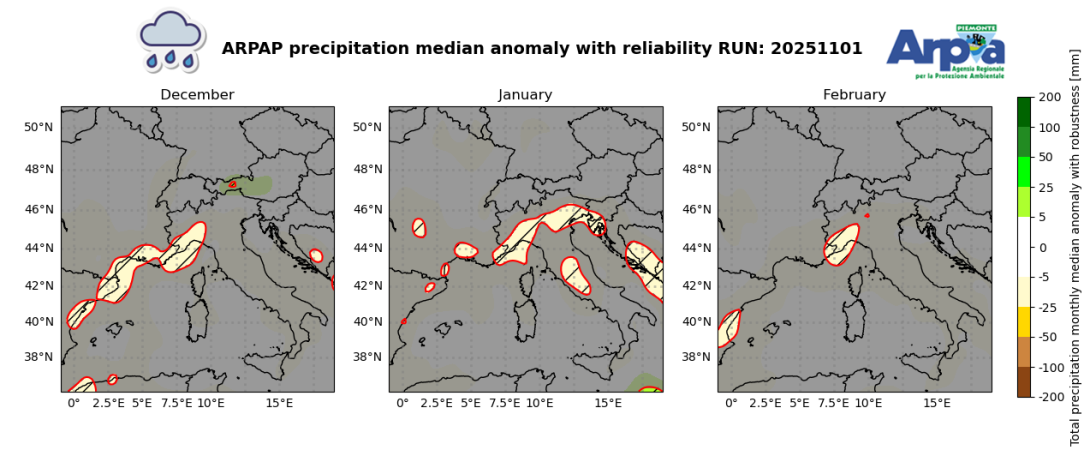 Figura 3. Mappe di anomalia delle precipitazioni cumulate mensili, previste per i prossimi mesi (mappe ARPA Piemonte).
