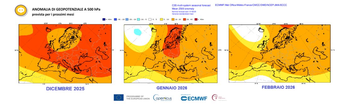 Figura 1. Mappe di anomalia di geopotenziale medio mensile a 500 hPa, prevista per i prossimi mesi (mappe C3S)