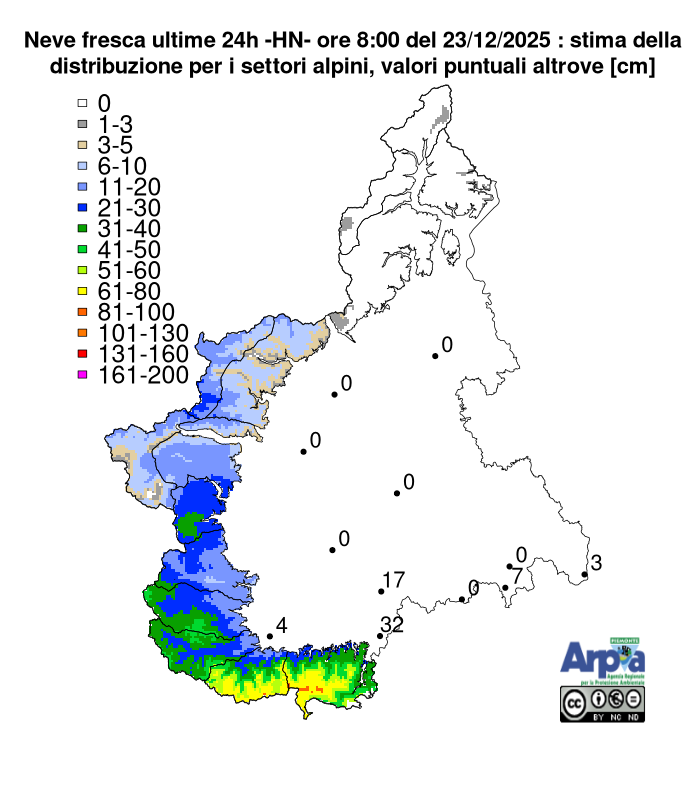 Neve fresca registrata nelle ultime 24 ore (valore delle ore 8:00 del 23 dicembre 2025)