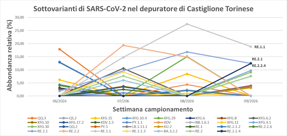 Sottovarianti di Omicron e la loro abbondanza relativa per il depuratore di Castiglione Torinese a febbraio 2026