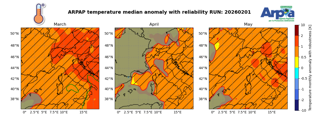 Figura 2 - Anomalia di temperatura per i mesi di M-A-M 2026
