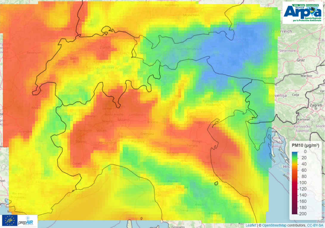 Previsione di concentrazione al suolo di media giornaliera di PM10 prevista sul nord Italia dal sistema modellistico di qualità dell’aria di Arpa Piemonte per il 06 marzo 2026. I dati previsti dal modello sono disponibili sull’appa Aria+ Piemonte