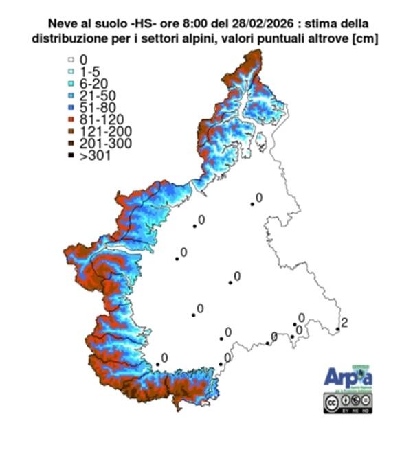 Stima della distribuzione dell’altezza della neve al suolo sull’arco alpino piemontese, derivante dalla rete di monitoraggio di Arpa Piemonte, nell’ultimo giorno dell’inverno meteorologico 2025-2026