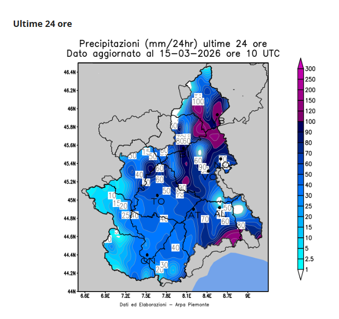 Precipitazioni della ultime 24 ore alle 12 di oggi 15 marzo 2026