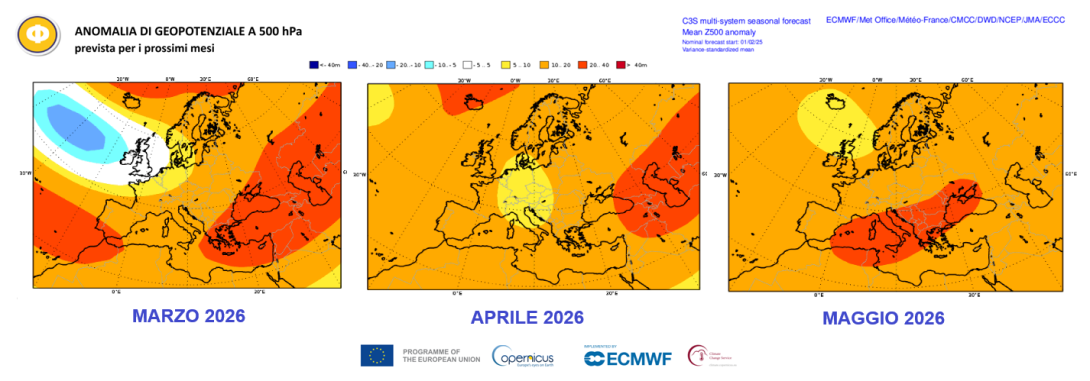 Figura 1 - Mappe di anomalia di geopotenziale medio mensile a 500 hPa, prevista per i prossimi mesi (mappe C3S)