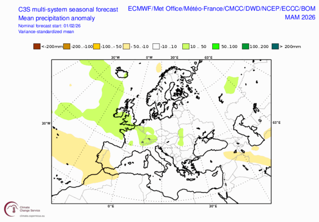 Mappe di anomalia di precipitazione prevista per i prossimi mesi primaverili – elaborazioni C3S