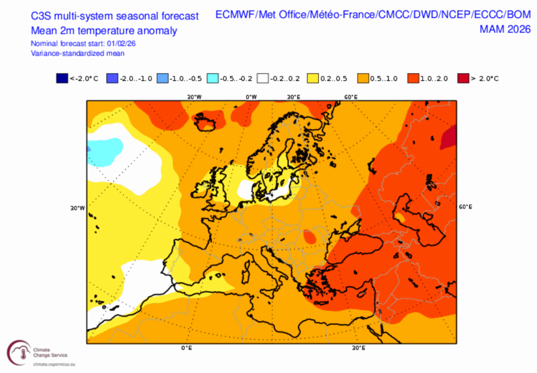 Mappe di anomalia di temperatura media mensile a 2 metri, prevista per i prossimi mesi primaverili – elaborazioni C3S