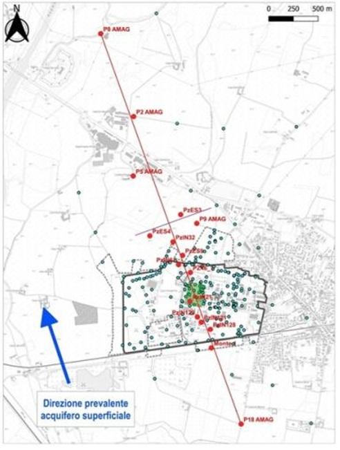 UBICAZIONE DEI PIEZOMETRI RISPETTO ALLA DIREZIONE DI DEFLUSSO DELLA FALDA