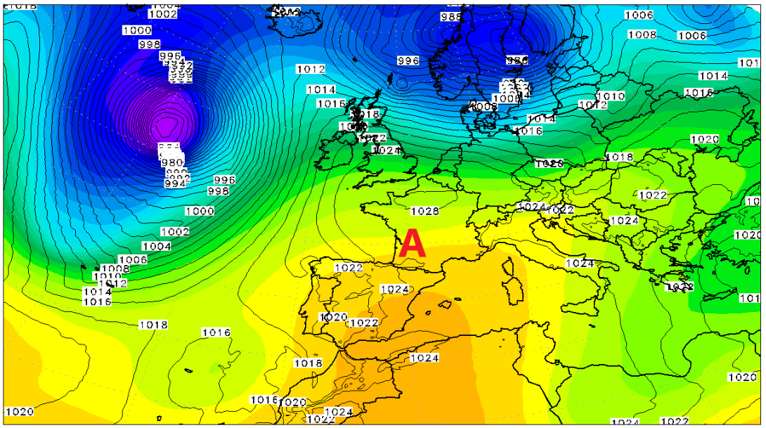 Altezza di geopotenziale a 500 hPa e pressione al livello del mare tra Pasqua e Pasquetta: è evidente il robusto campo di alta pressione che si estende sull'Europa occidentale, portando tempo stabile e soleggiato anche sul Piemonte