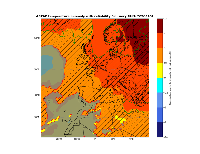 Esempio di mappa di anomalia di temperatura mostrata nelle previsioni stagionali