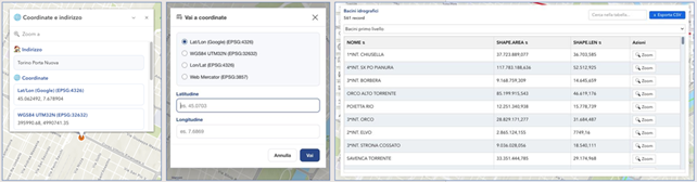Le nuove funzionalità presenti nella "Mappa": Indirizzo e coordinate, Posizionati alle coordinate e Tabella dati