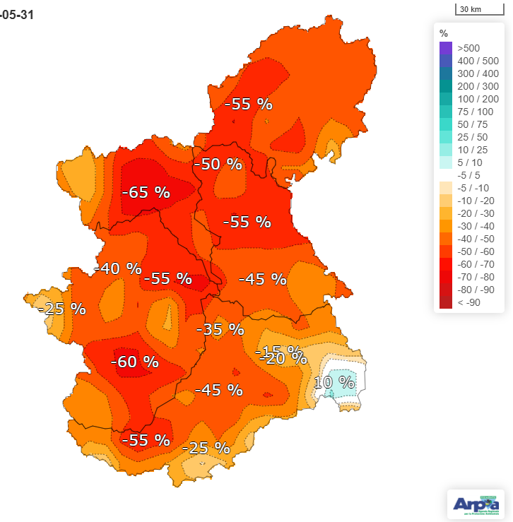 anomalia % di precipitazione registrata nel mese di maggio 2026 sul bacino del Po chiuso alla confluenza col Ticino