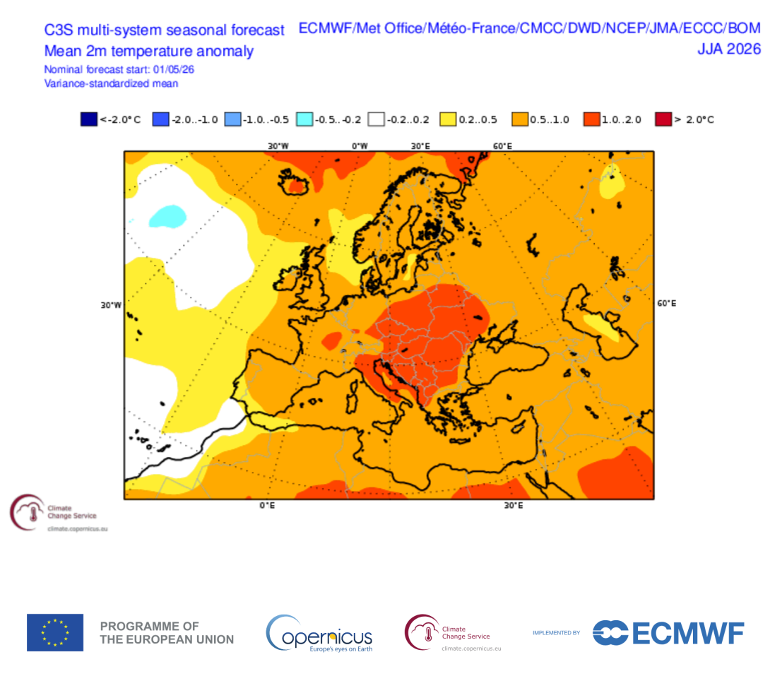 Mappe di anomalia di temperatura media mensile a 2 metri, prevista per i mesi estivi – elaborazioni C3S