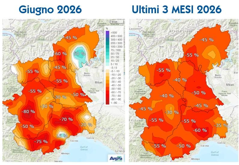 Anomalia % di precipitazione registrata nel mese di giugno 2026 (sinistra) e complessivamente nei mesi di aprile, maggio e giugno 2026 (destra) sul bacino del Po chiuso alla confluenza col Ticino