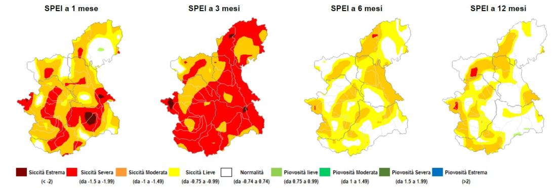 Indice di anomalia di pioggia ed evapotraspirazione SPEI a 1 mese, 3, 6 e 12 mesi sul Piemonte