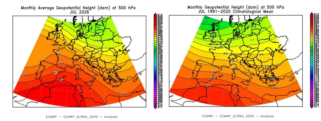 Pressione media a circa 5500 m di quota del mese di luglio 2026 e media climatologica del periodo 1991 - 2020