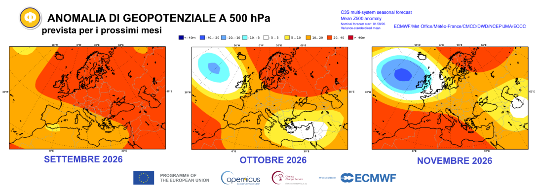 Figura 1 - Mappe di anomalia di geopotenziale medio mensile a 500 hPa, prevista per i prossimi mesi (mappe C3S)