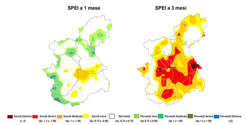 Indice SPEI (anomalia di pioggia ed evapotraspirazione standardizzata) a 1 mese e 3 mesi