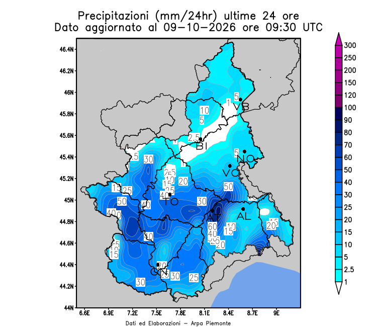 Precipitazioni ultime 24 ore alle ore 11.30 del 9 ottobre 2026